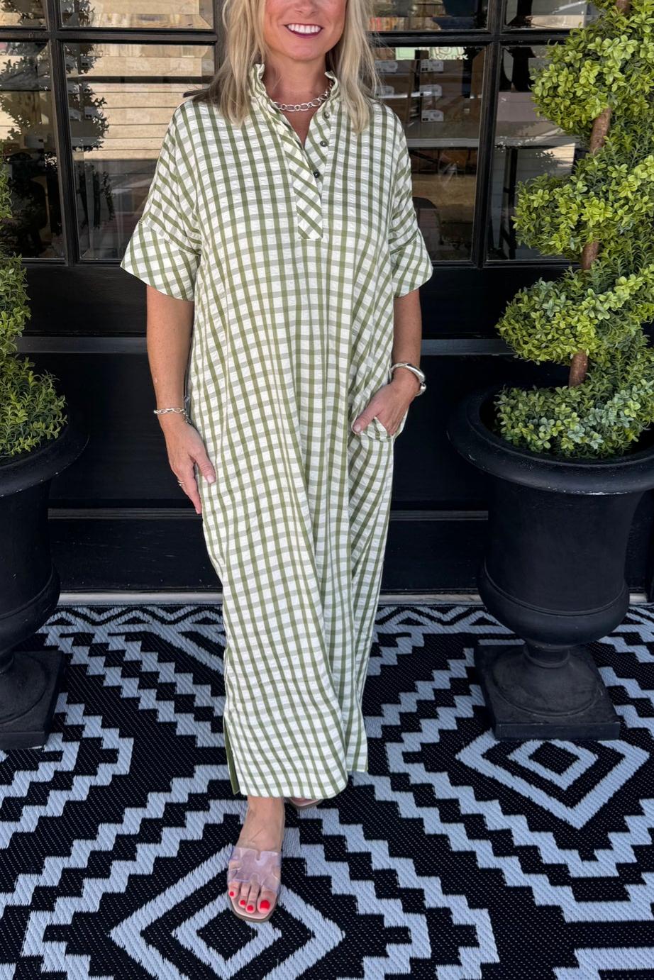 Gingham Stand Collar Side Slit Maxi Dress
