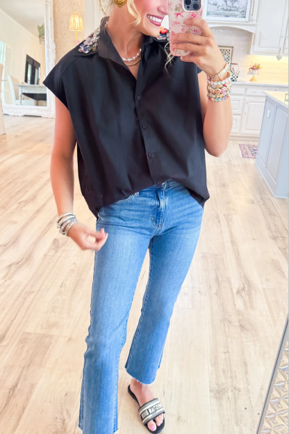 Black Multi Floral Button Collar Top