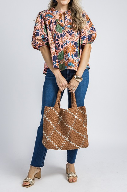 Pleated Floral Button Top