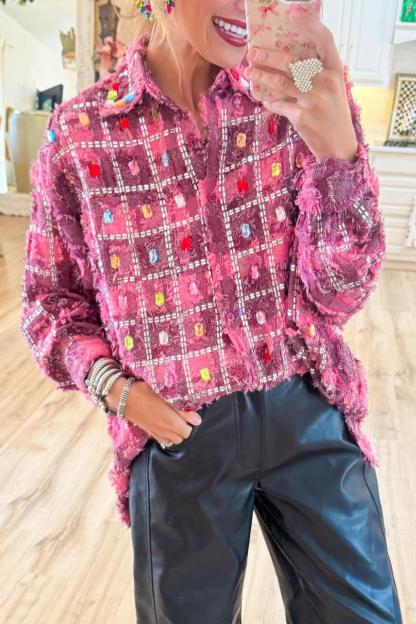 Pink Chic Rhinestone Checkered Shirt
