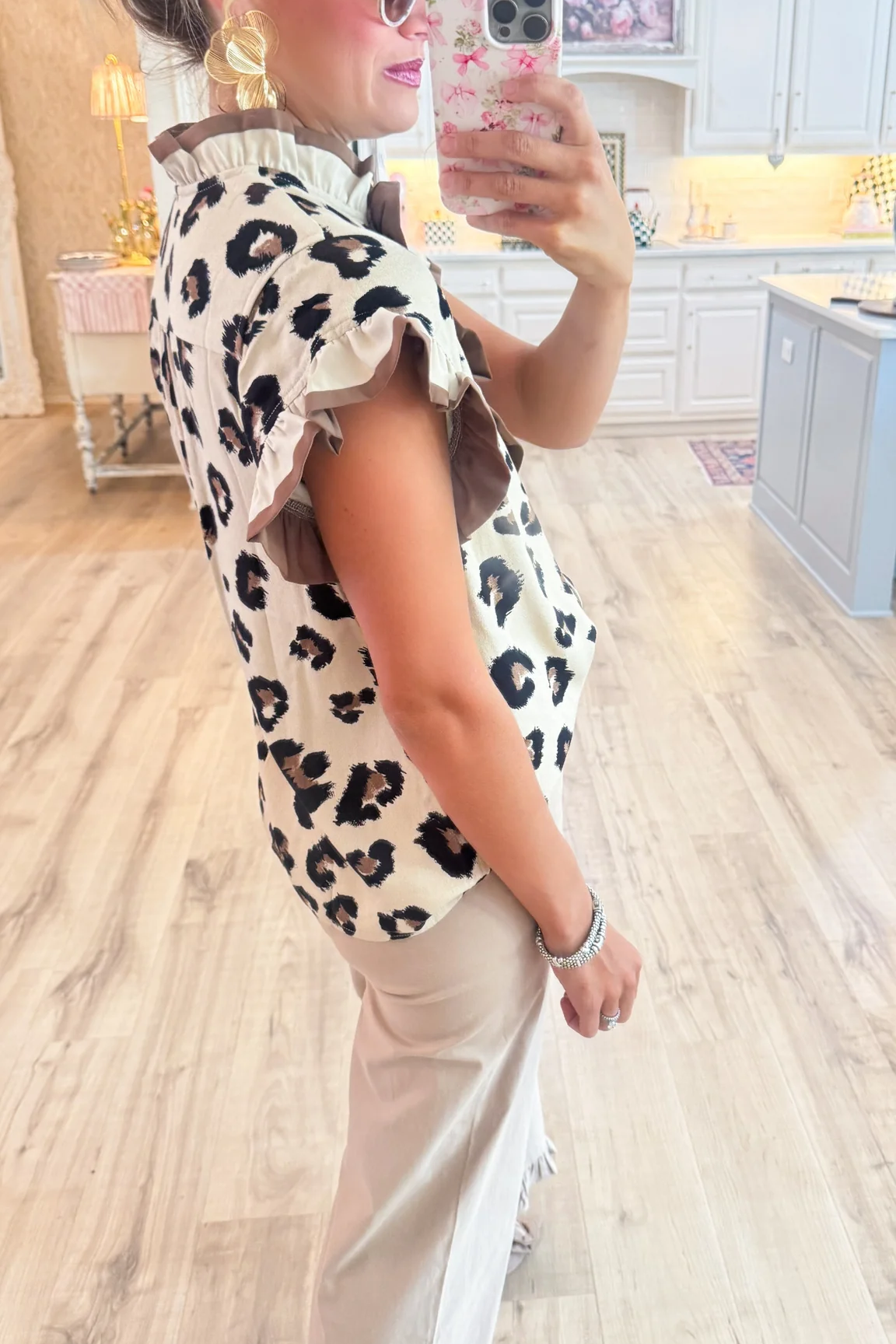 Off White Leopard Pattern Ruffle Neck Top