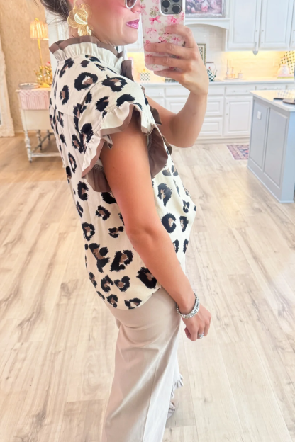 Off White Leopard Pattern Ruffle Neck Top