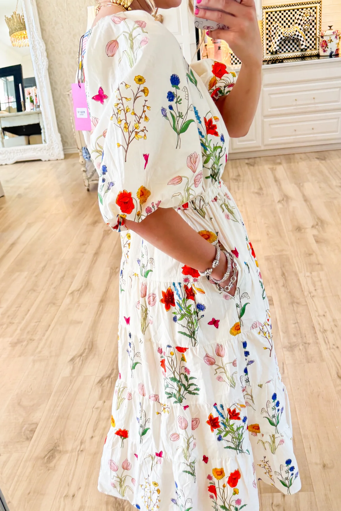 Cream Floral Puff Sleeve Midi Dress