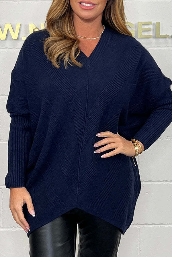 Ribbed Diagonal Stripe V Neck High Low Jumper