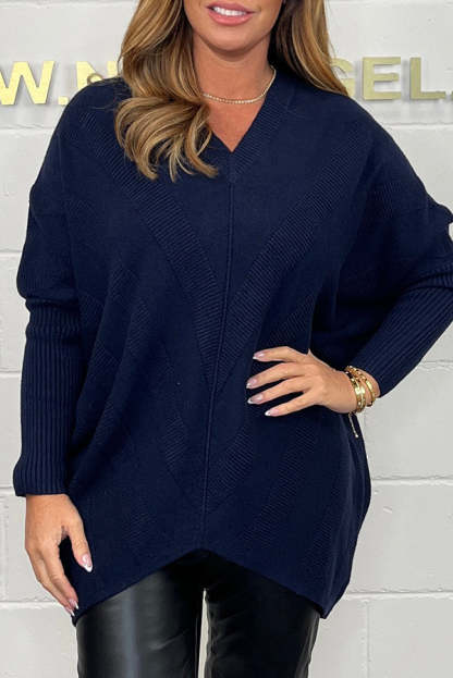 Ribbed Diagonal Stripe V Neck High Low Jumper