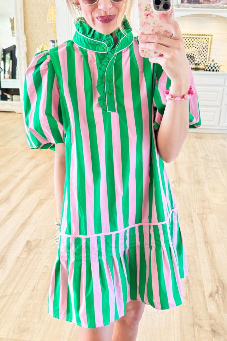 Pink and Green Puff Sleeve Mini Dress