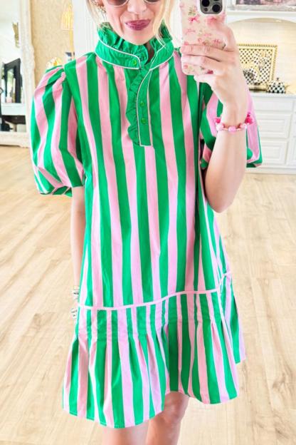 Pink and Green Puff Sleeve Mini Dress