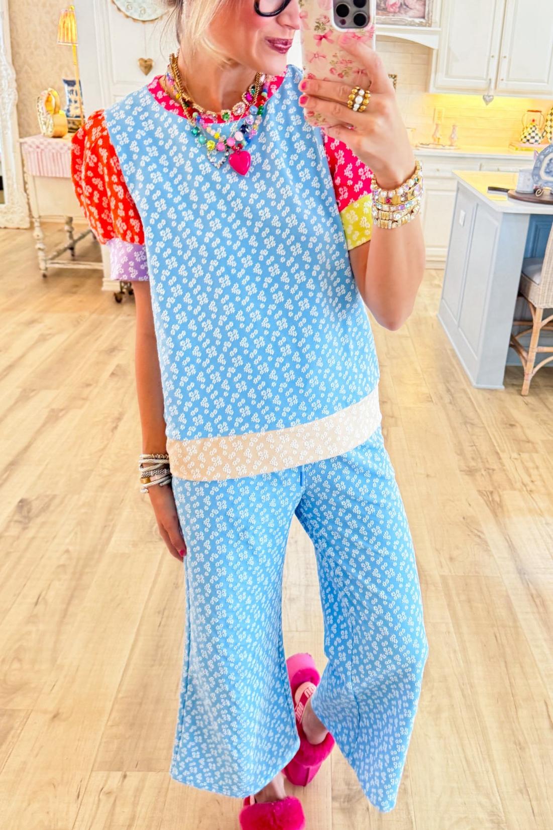Blue Floral Color Block Pant Set