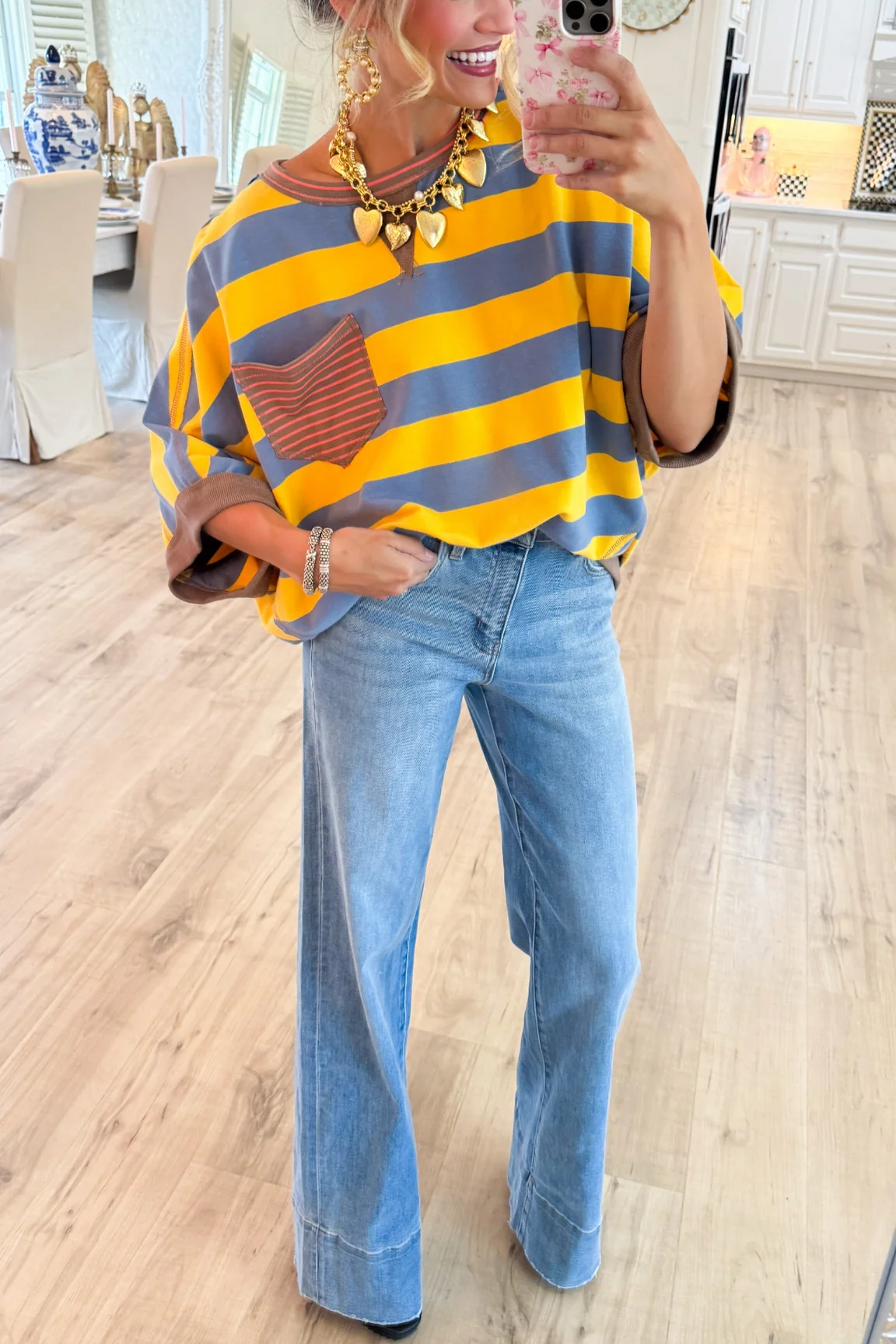Mustard and Blue Stripe Colorblock Top