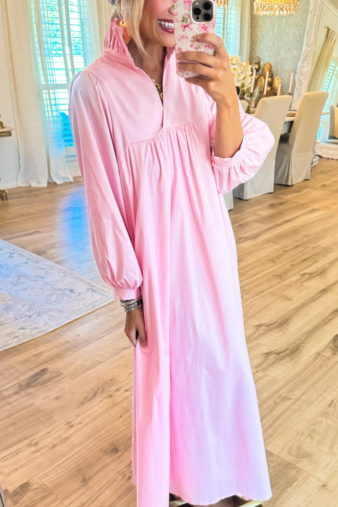Pink High Ruffle Neck Midi Dress