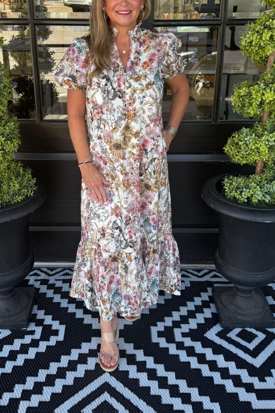 Floral Puff Sleeve Ruffle Hem Maxi Dress