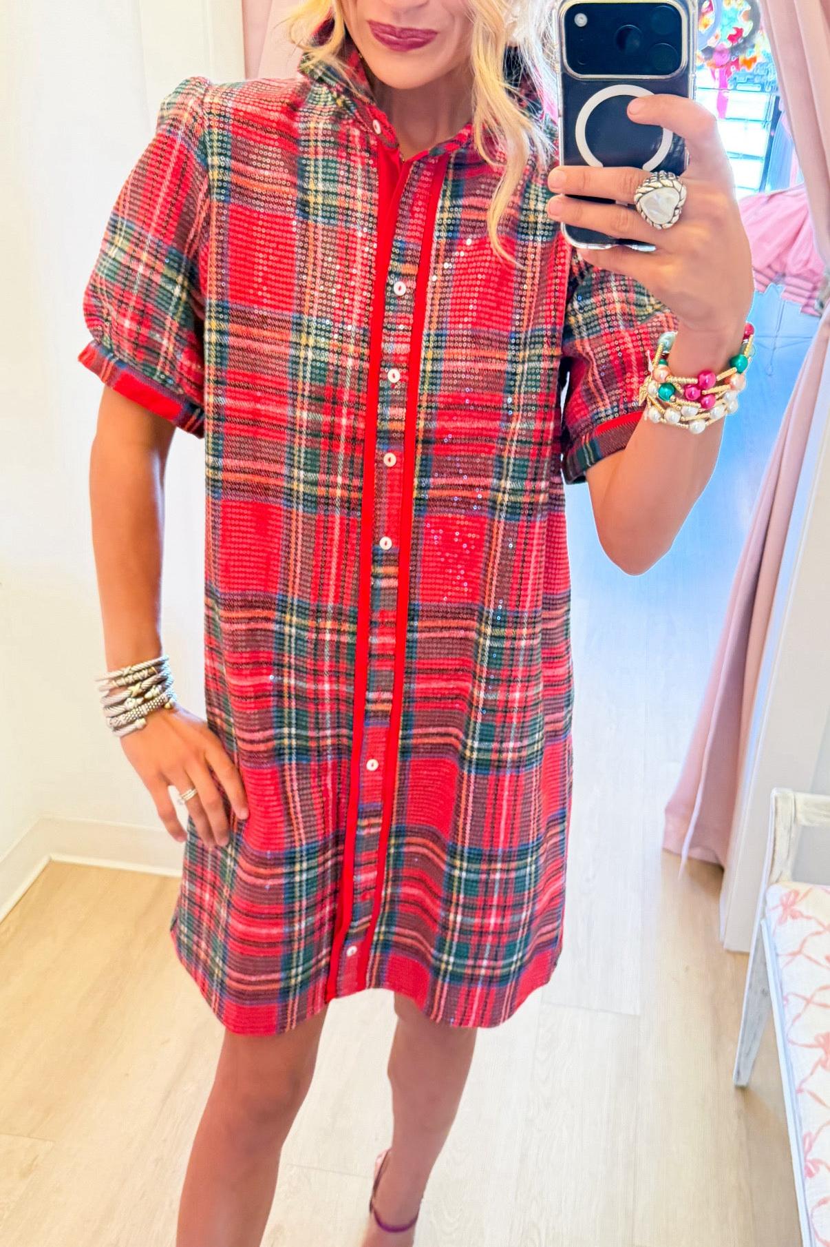 RESTOCK Red Plaid Sequin Mini Dress