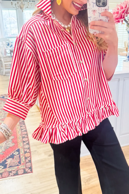 Striped Ruffled Twill Top