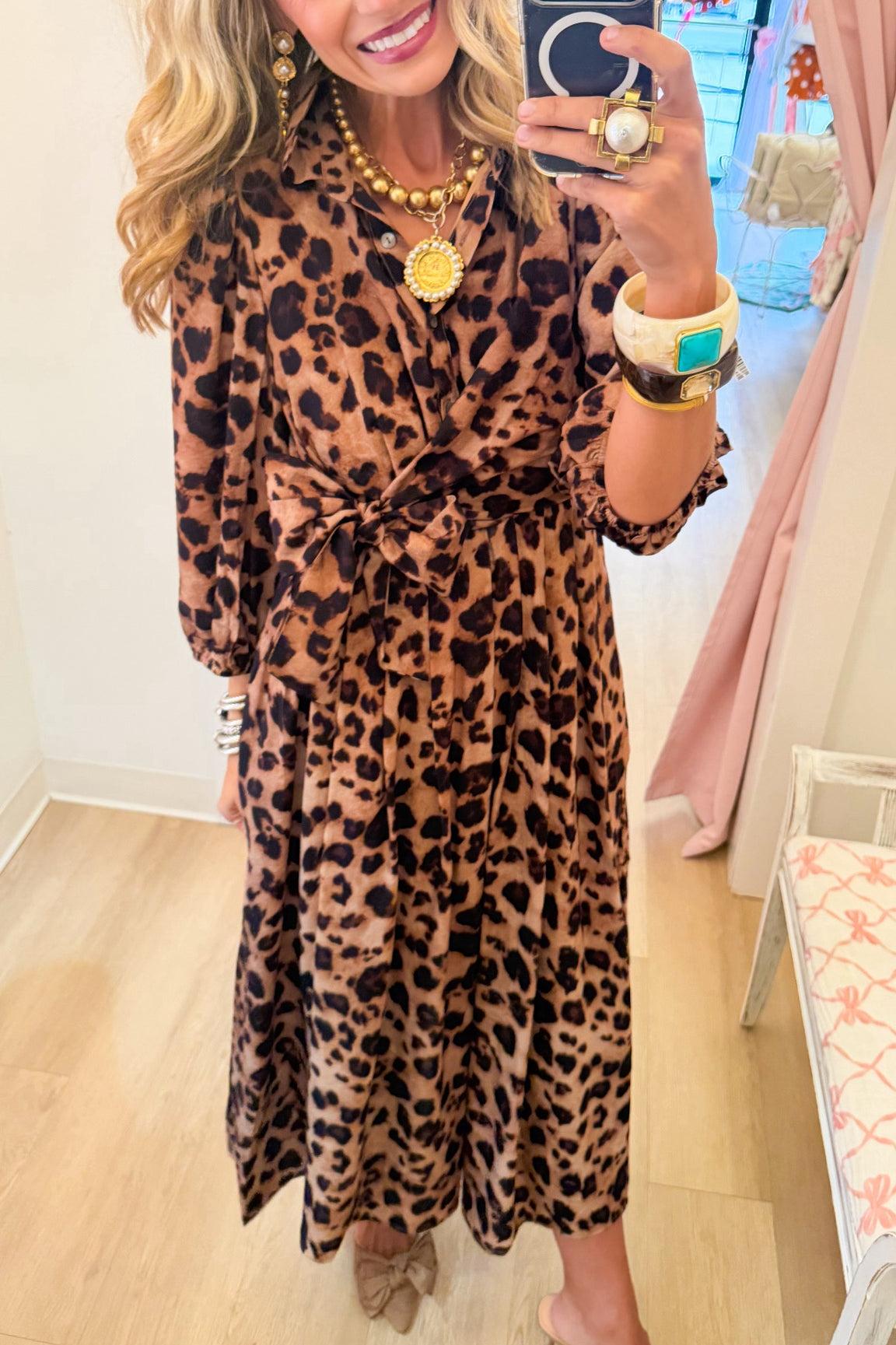Leopard Print Balloon Sleeve Midi Dress