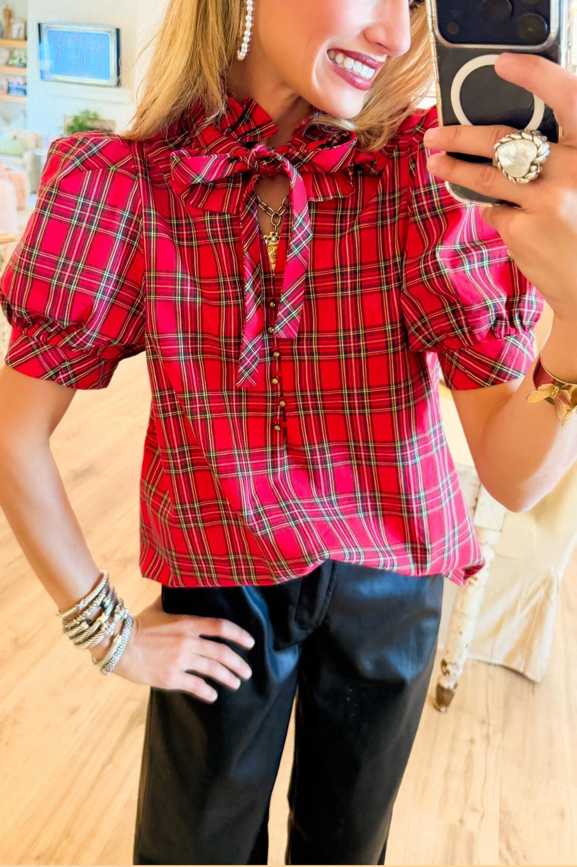 Red Plaid Ruffle Neck Top
