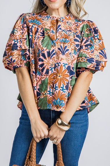 Pleated Floral Button Top