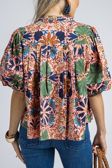 Pleated Floral Button Top