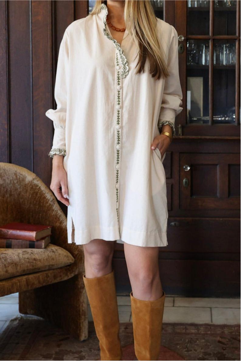 Caroline Embroidered Mini Dress in Ivory Corduroy