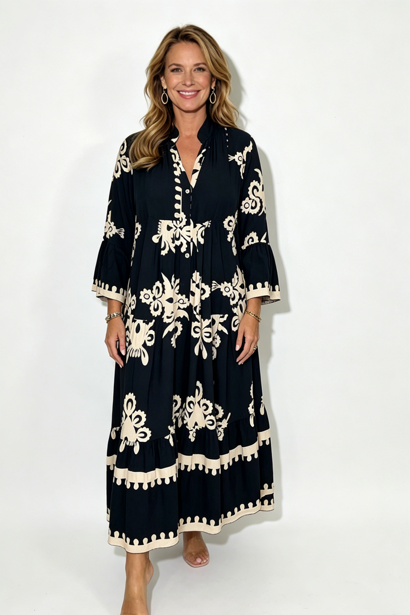 Cream & Black Printed Floaty Maxi Dress