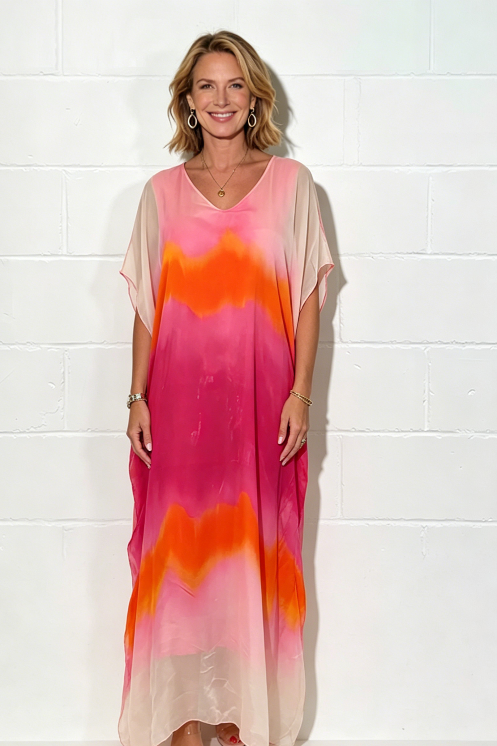 Long Silk Chiffon Maxi Dip Dye Dress