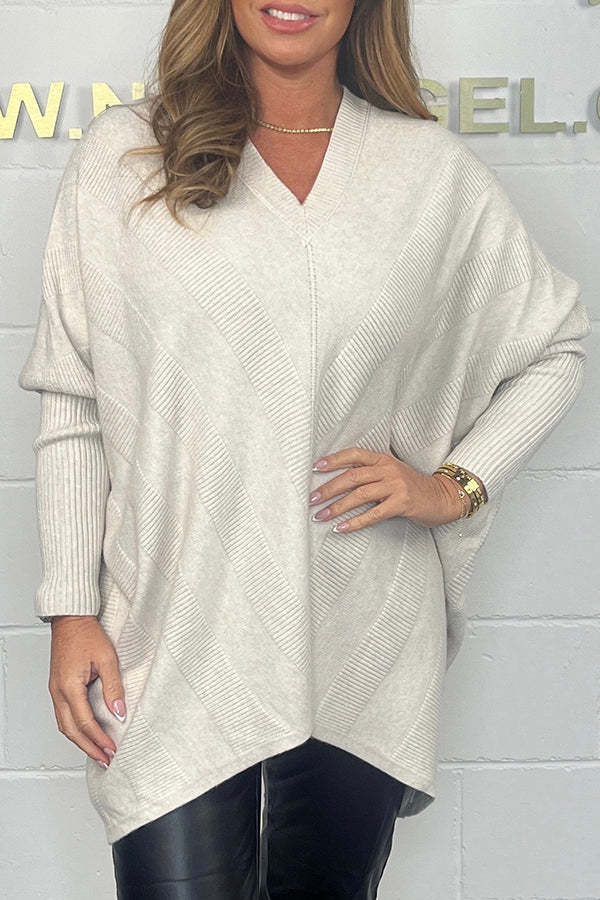 Ribbed Diagonal Stripe V Neck High Low Jumper