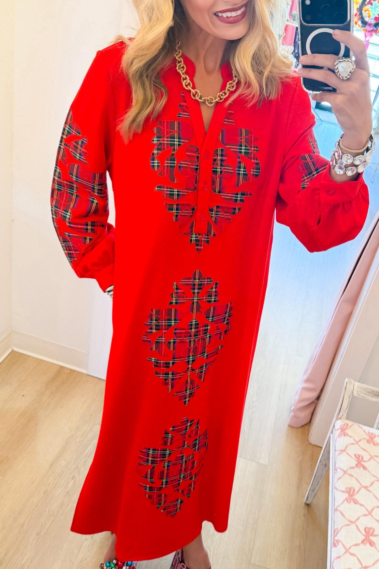 Red Plaid Baroque Applique Midi Dress