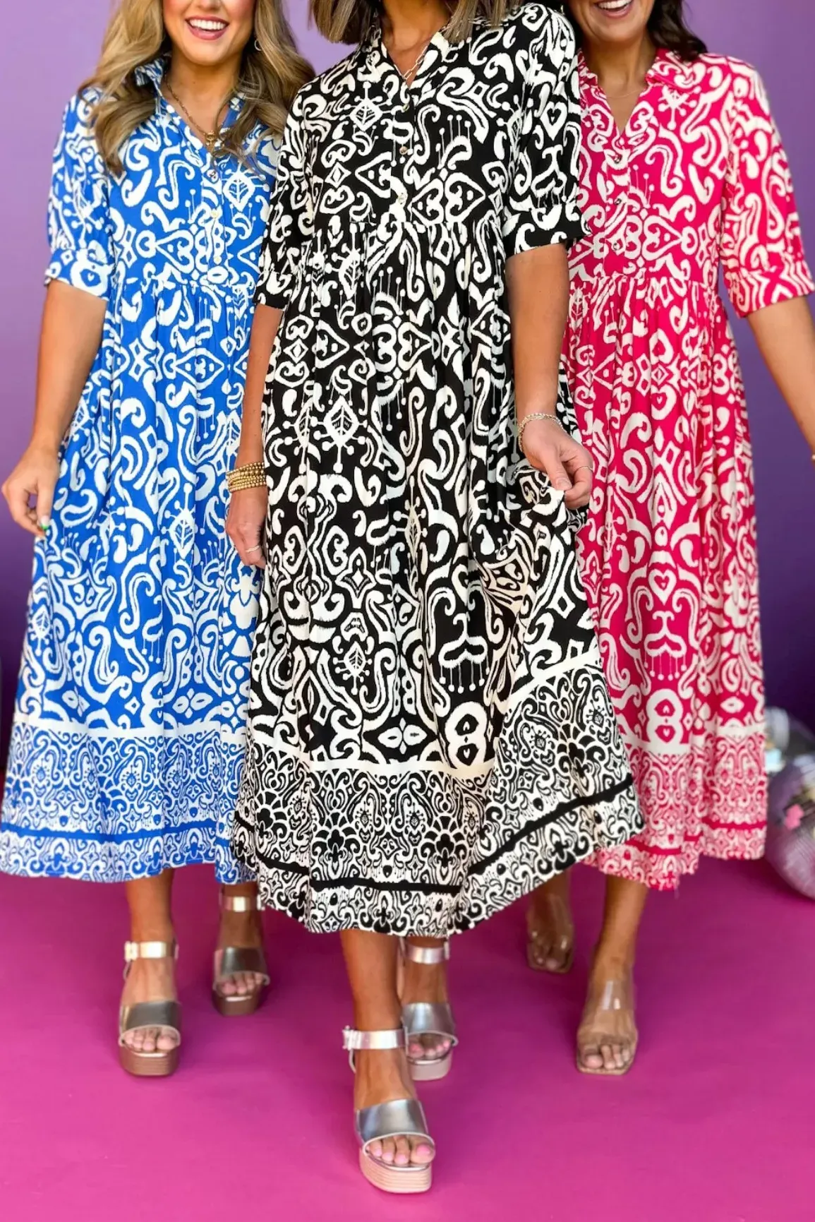 Paisley Printed Split Neck Collared ElbowSleeve Dress