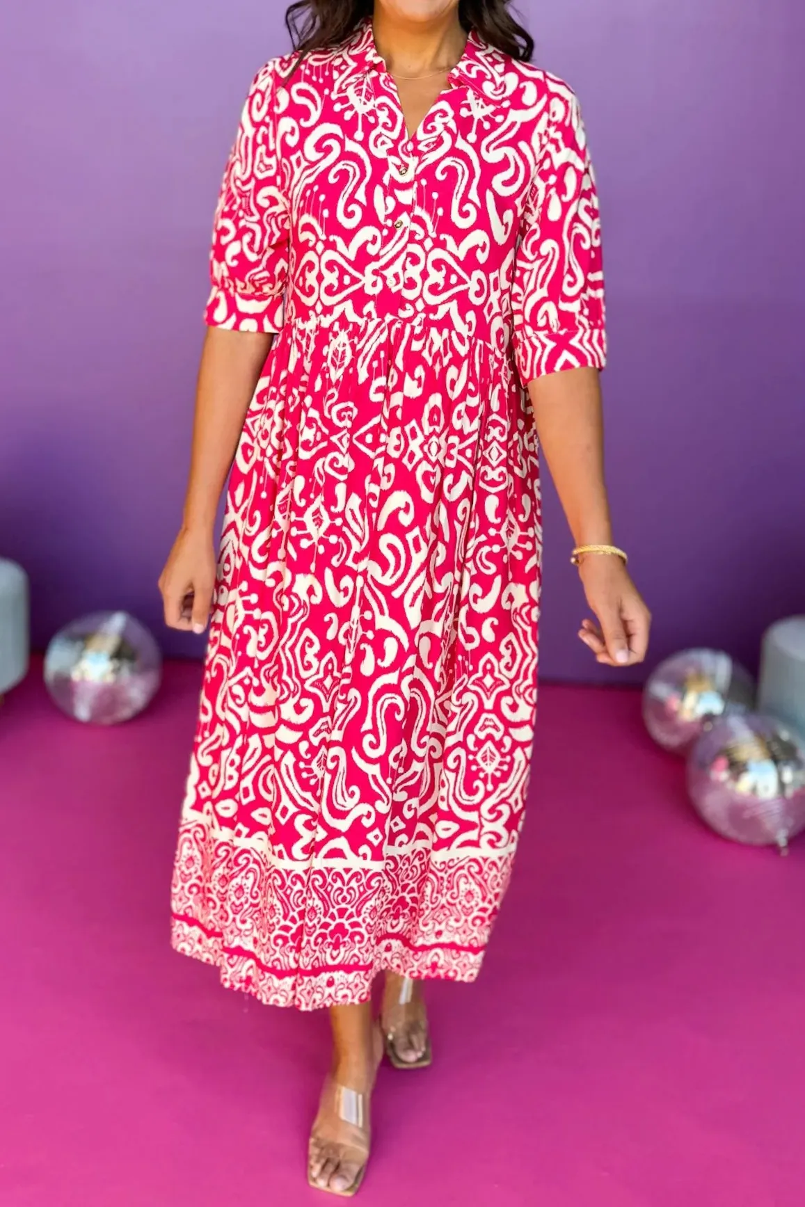 Paisley Printed Split Neck Collared ElbowSleeve Dress