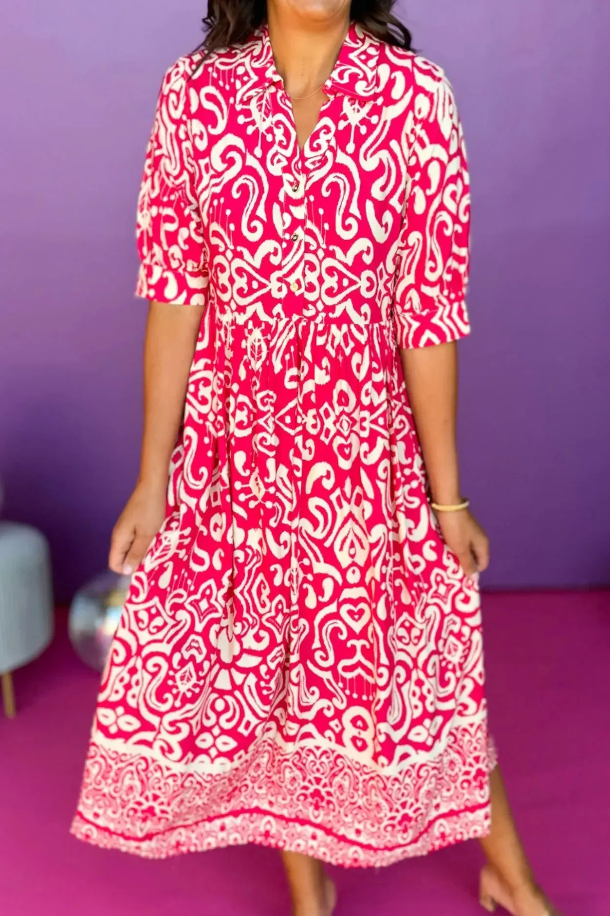 Paisley Printed Split Neck Collared ElbowSleeve Dress