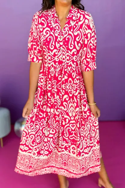 Paisley Printed Split Neck Collared ElbowSleeve Dress