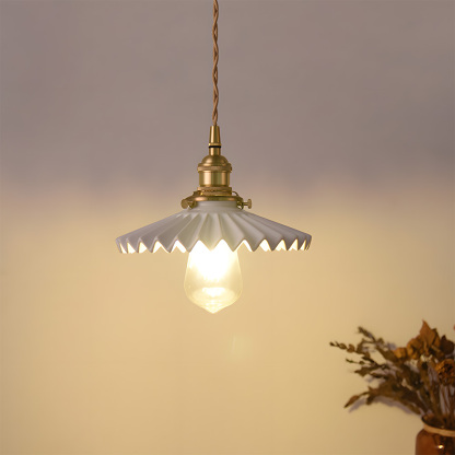 Nordic White Pleated Ceramic Bedroom Pendant Lighting