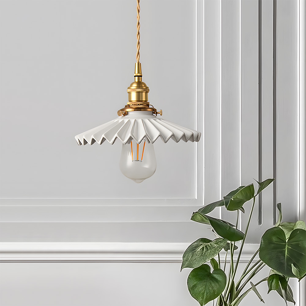 Nordic White Pleated Ceramic Bedroom Pendant Lighting