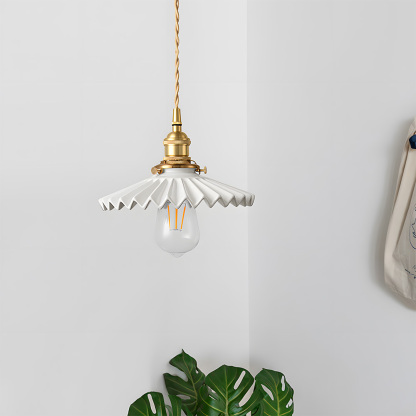 Nordic White Pleated Ceramic Bedroom Pendant Lighting