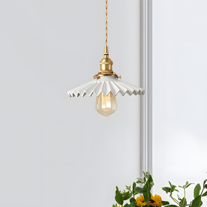 Nordic White Pleated Ceramic Bedroom Pendant Lighting