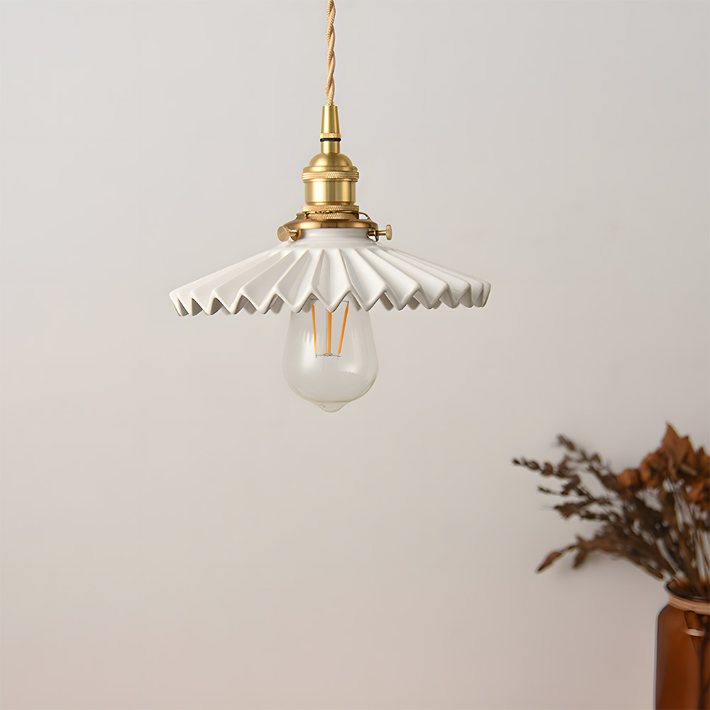 Nordic White Pleated Ceramic Bedroom Pendant Lighting