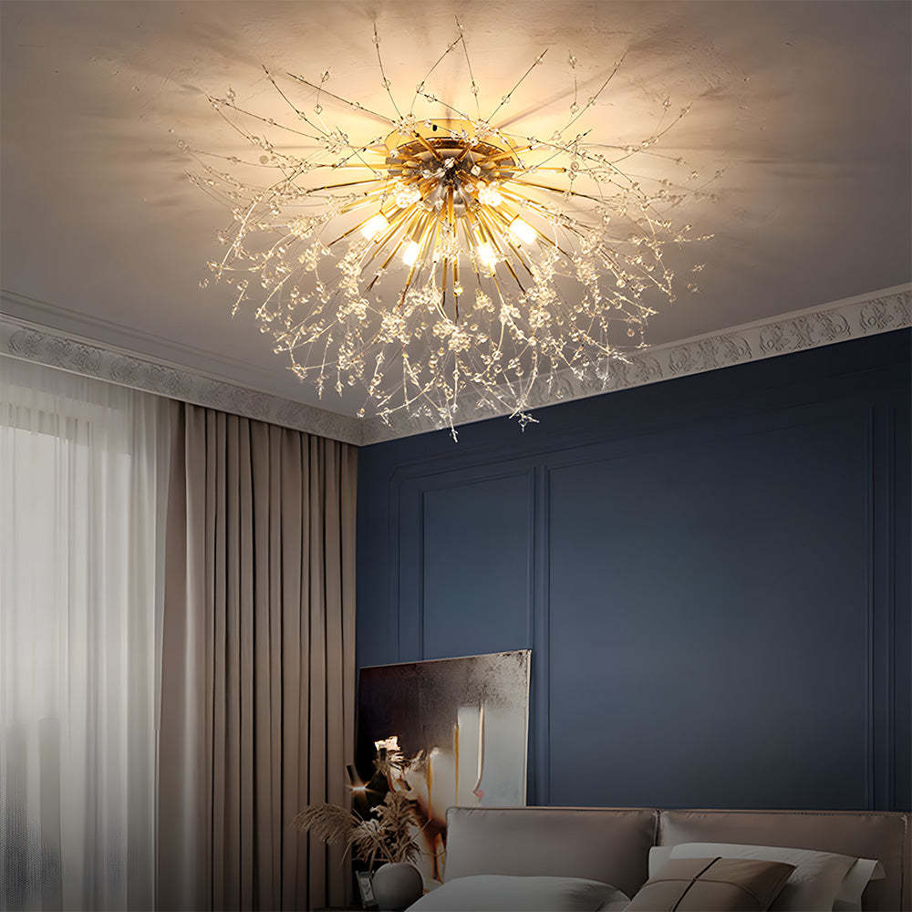 Modern Luxurious Gold Crystal Sputnik Flush Mount Ceiling Light for Living Room