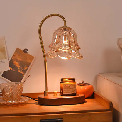 Homdiy Table Lamp Vintage Mini Glass Flower Shape Wood Candle Warmer Light