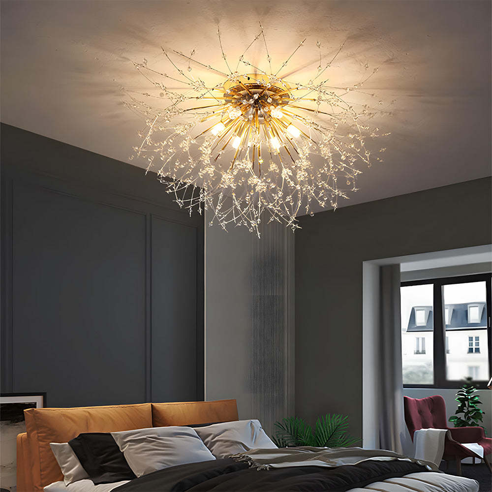 Modern Luxurious Gold Crystal Sputnik Flush Mount Ceiling Light for Living Room