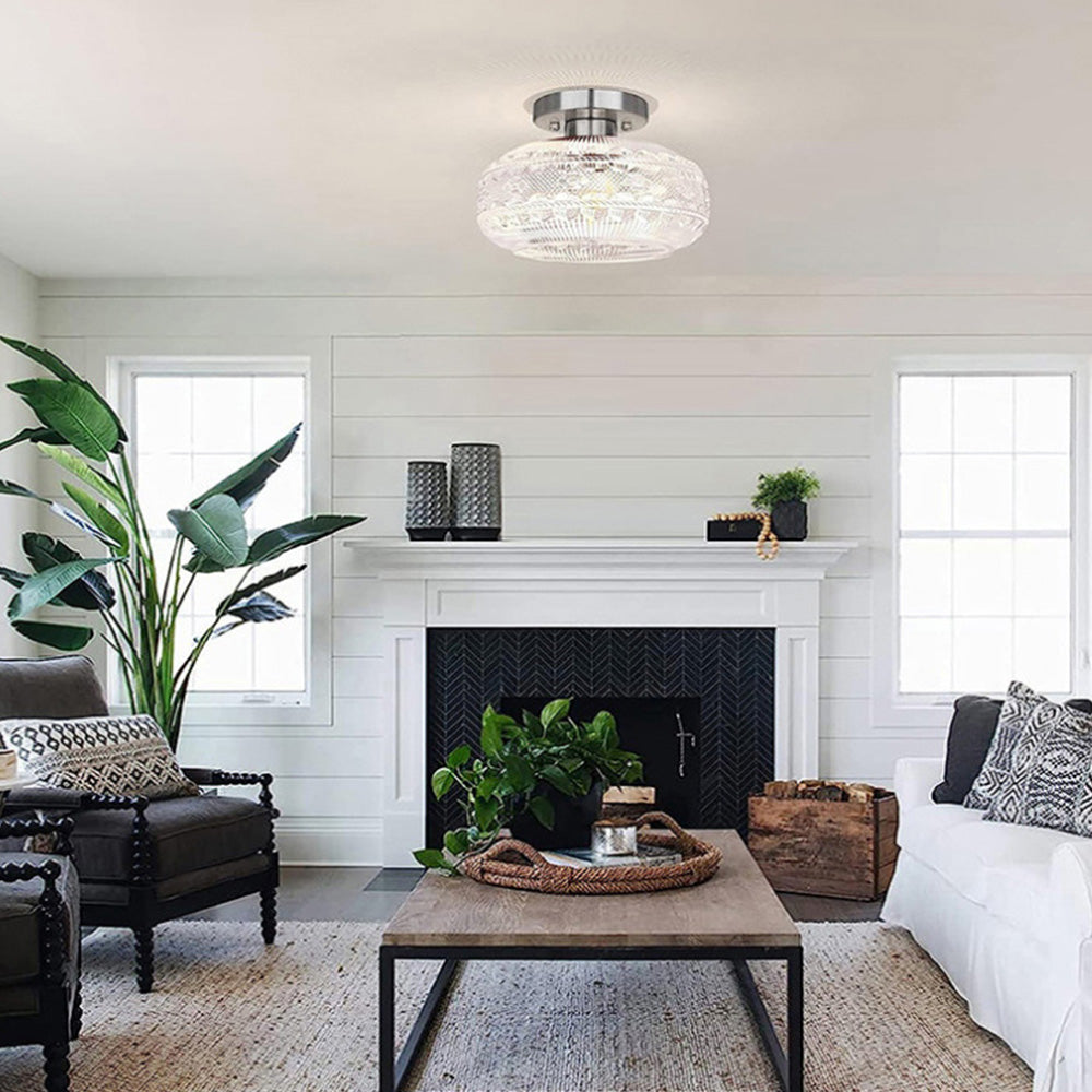 Homdiy Ceiling Lamp Luxury Metal Glass Round Semi-Flush Ceiling Light