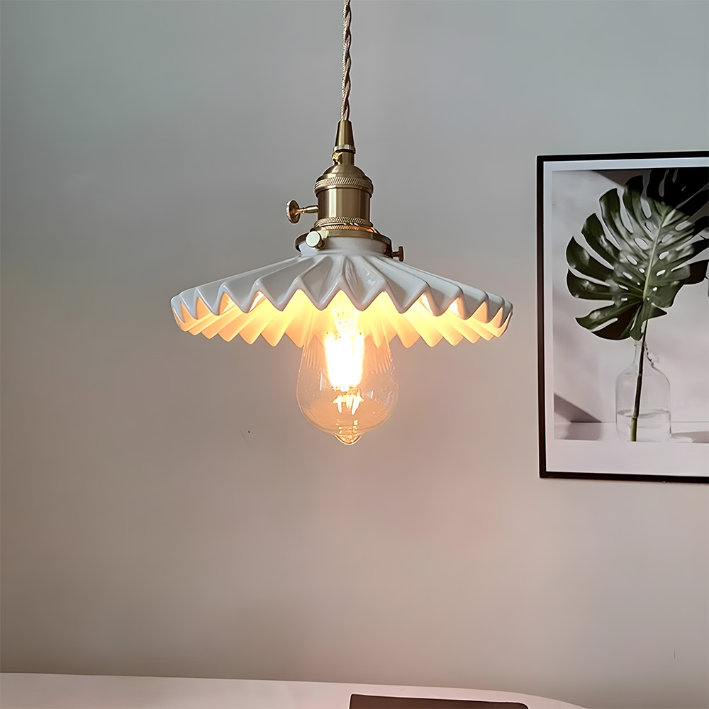 Nordic White Pleated Ceramic Bedroom Pendant Lighting