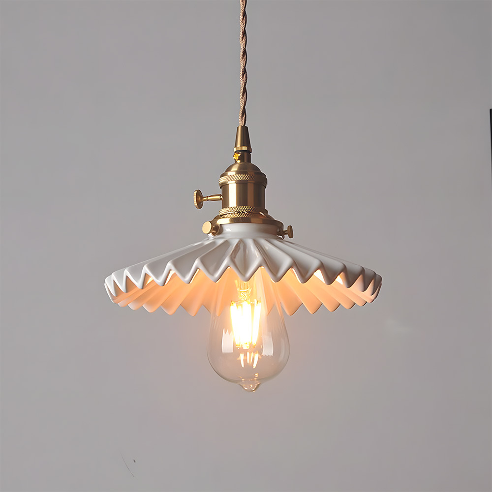 Nordic White Pleated Ceramic Bedroom Pendant Lighting