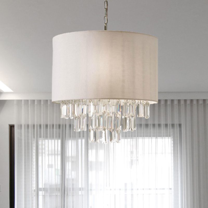 Modern Fabric Shade Rectangular-Cut Crystal Drum Hanging Chandelier -Homdiy