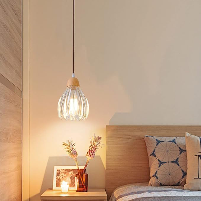 Small Wood Glass Clear Pendant Lights For Bedroom