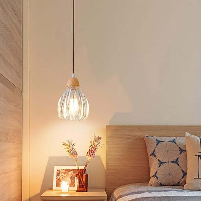 Small Wood Glass Clear Pendant Lights For Bedroom