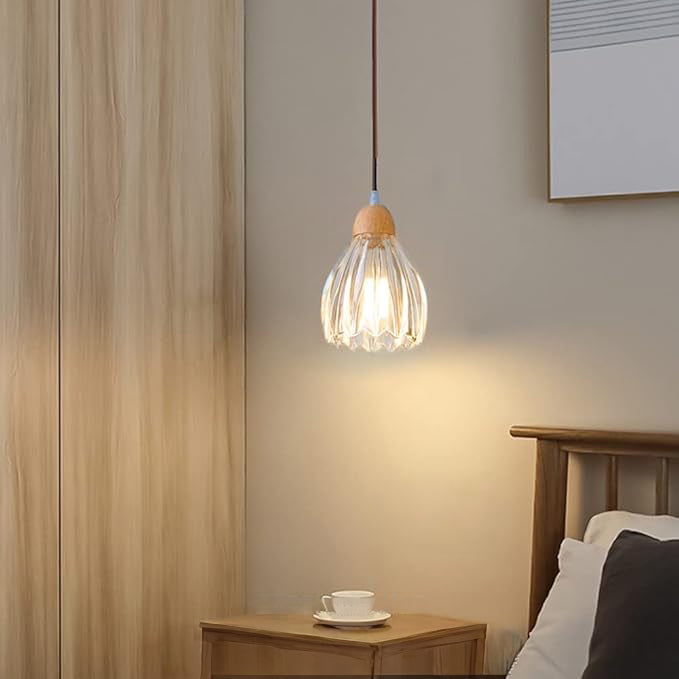 Homdiy Pendant Light Small Wood Glass Clear Pendant Lights For Bedroom