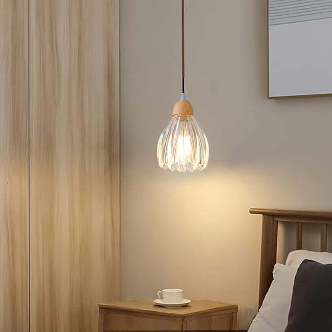 Homdiy Pendant Light Small Wood Glass Clear Pendant Lights For Bedroom
