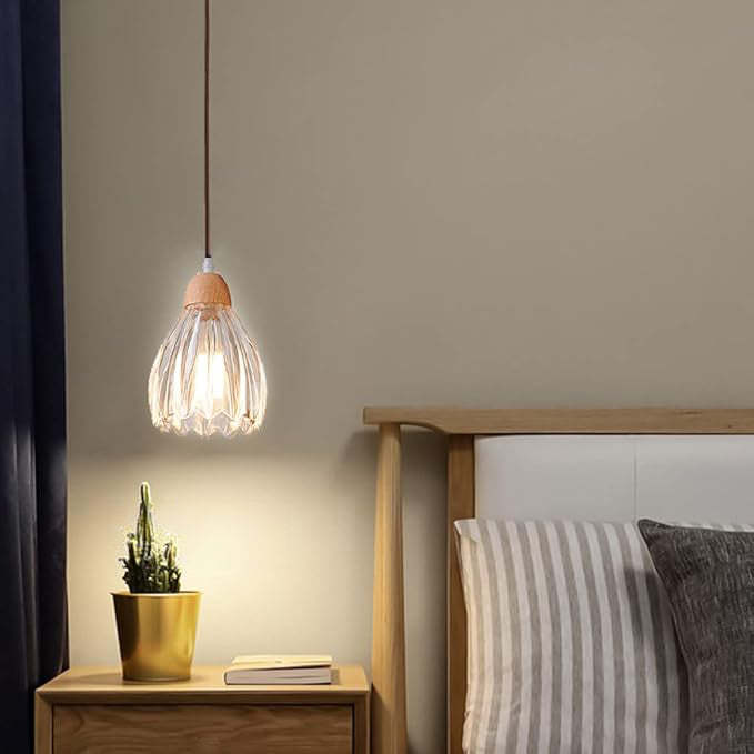 Small Wood Glass Clear Pendant Lights For Bedroom