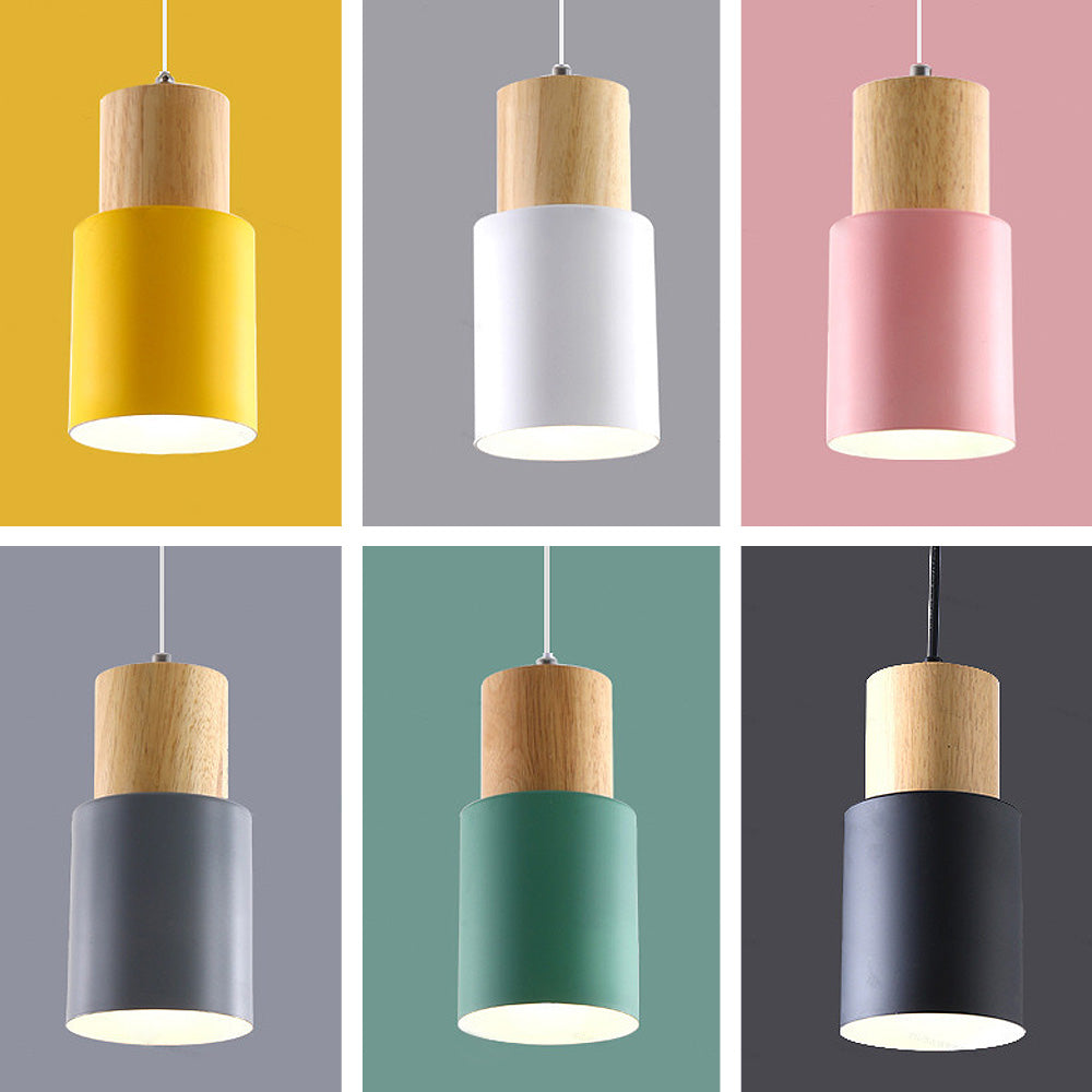 Modern Macaron Cylinder Wood LED Mini Pendant Lighting