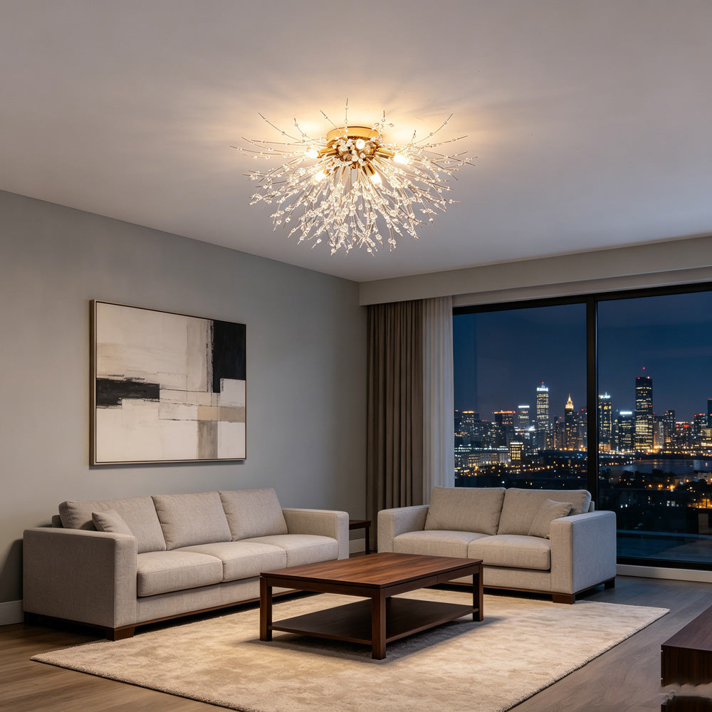 Modern Luxurious Gold Crystal Sputnik Flush Mount Ceiling Light for Living Room