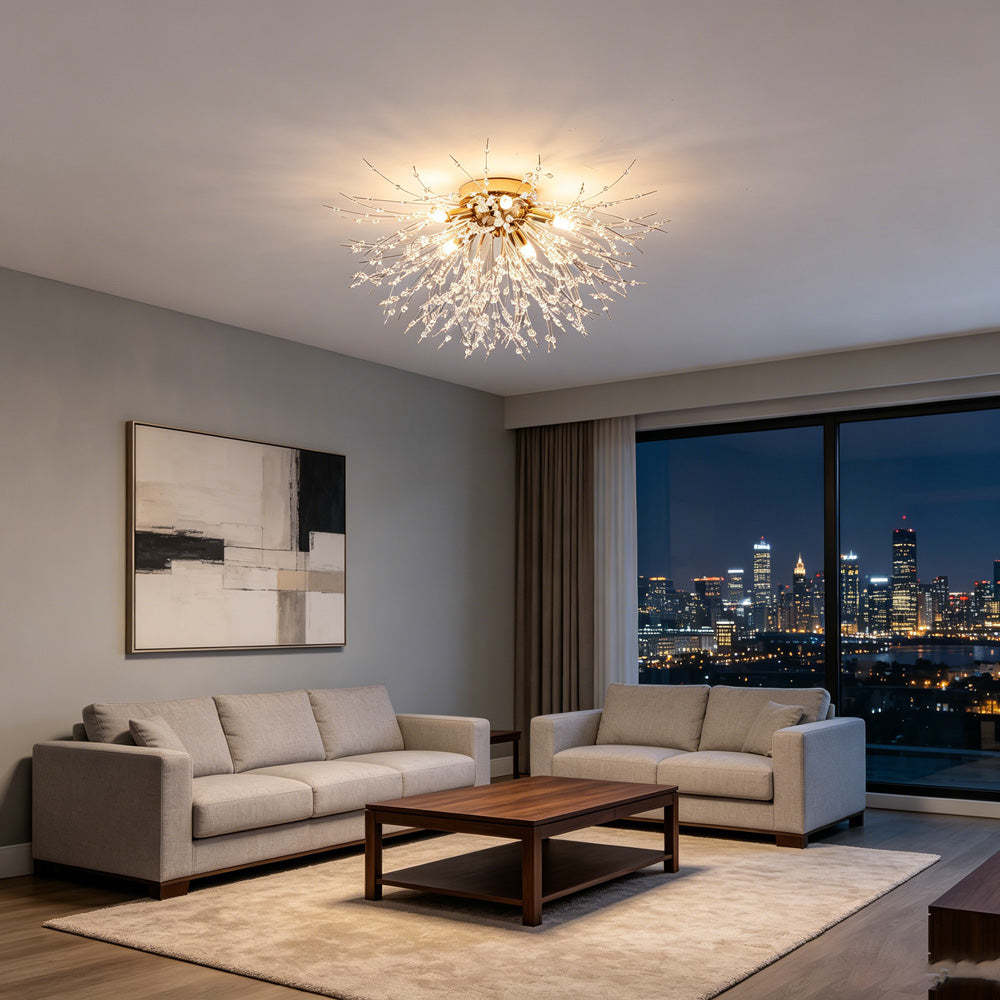 Modern Luxurious Gold Crystal Sputnik Flush Mount Ceiling Light for Living Room